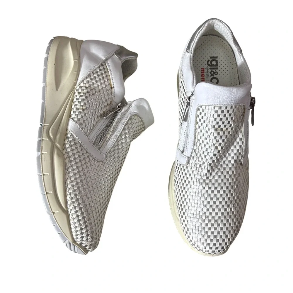 Igi&Co Woven Leather White Metallic Comfort Sneakers‎ Italy sz 9